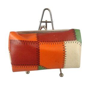 Vintage Faux Patchwork Leather Clutch Wallet Make-up Bag With Kiss-Lock Closure